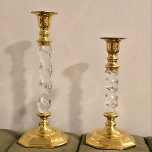Vintage Set of 2 Brass Spiral Clear Lucite Acrylic Candlesticks Holders MCM